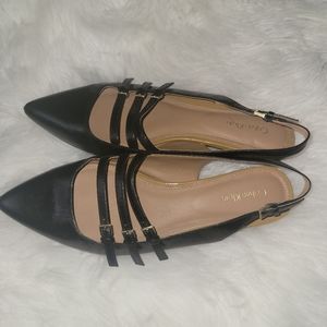 Calvin Klein dress open back, pointed toe slide on